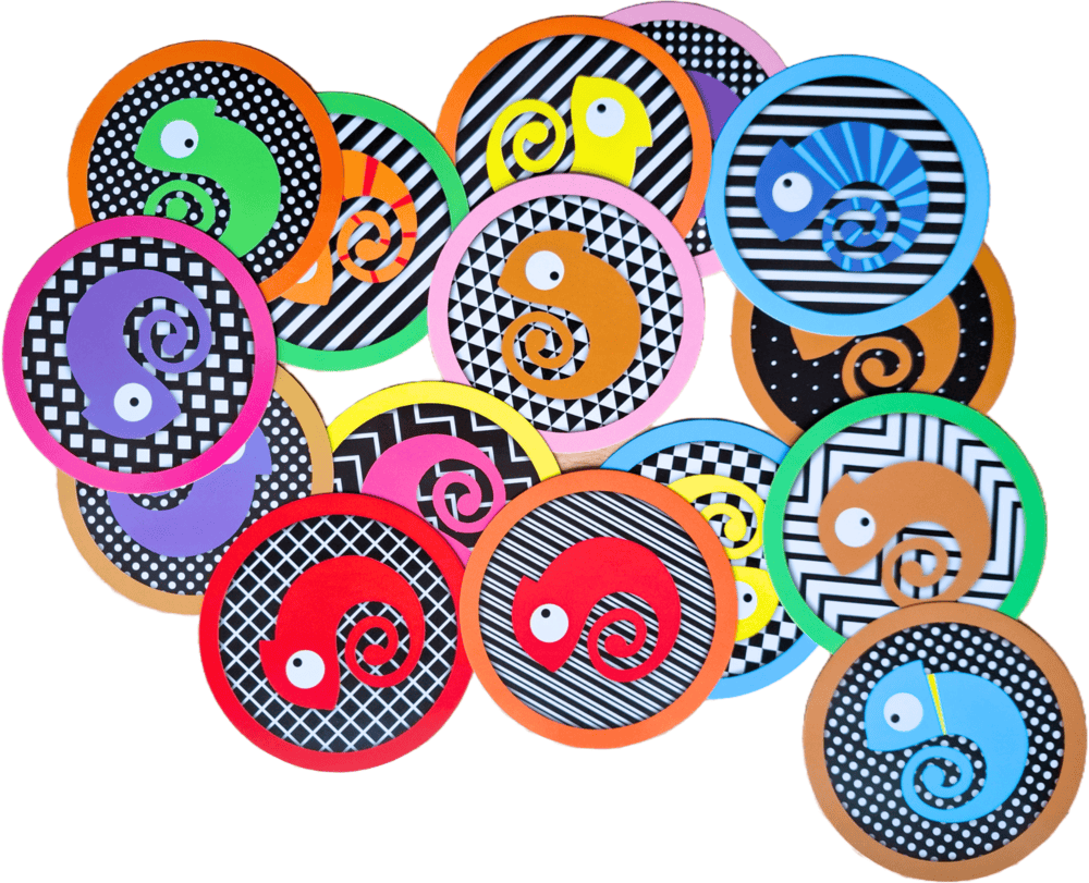 The colourful round Chameleon cards fanned out